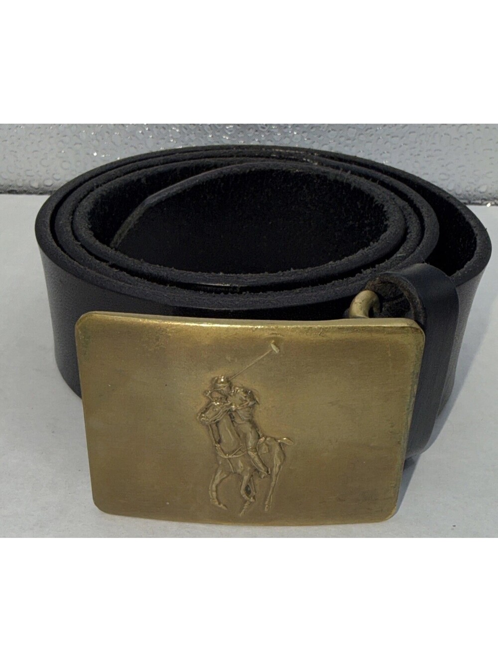 Vintage Polo Ralph Lauren Leather Belt 32 Black Brass Pony Logo Buckle USA Rare